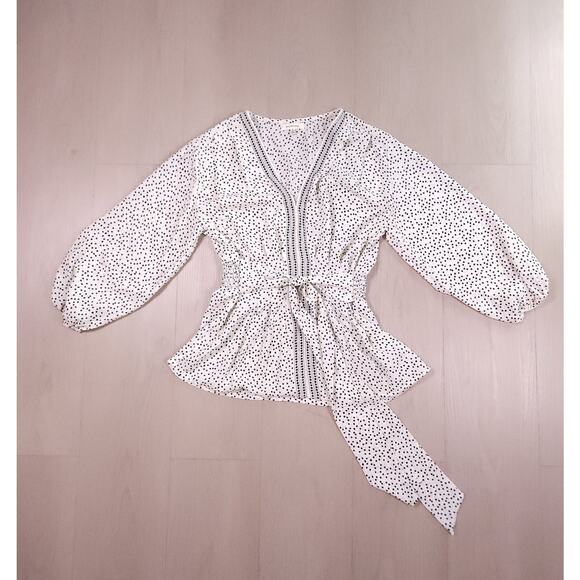 Max Studio Polka Dot Peplum Blouse Women’s S – Tie Waist, Balloon Sleeves - Picture 3 of 12